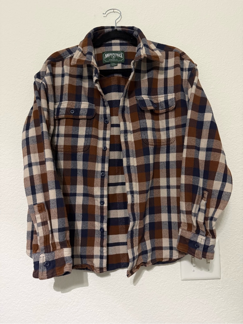 American Eagle Brown, Navy & Cream Plaid Button-Down Shirt